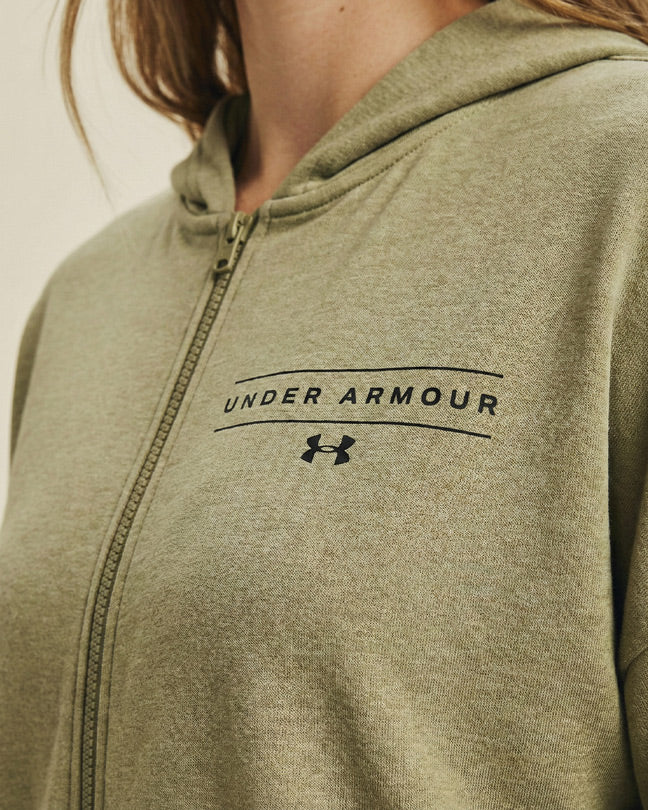 Close-up of olive green Under Armour zip-up hoodie with black logo on chest