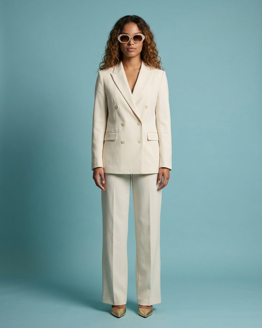 Woman in cream double-breasted pantsuit and sunglasses stands against a blue background